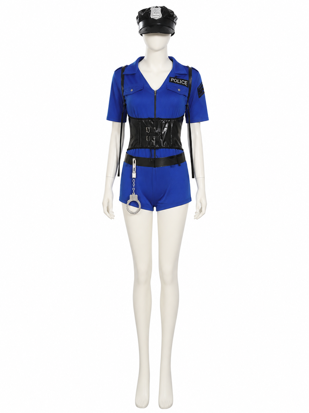 Women's Sexy Police Officer Costume Set with Hat, Belt & Handcuffs for Halloween back view