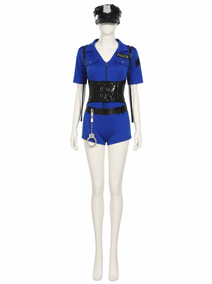 Women's Sexy Police Officer Costume Set with Hat, Belt & Handcuffs for Halloween back view