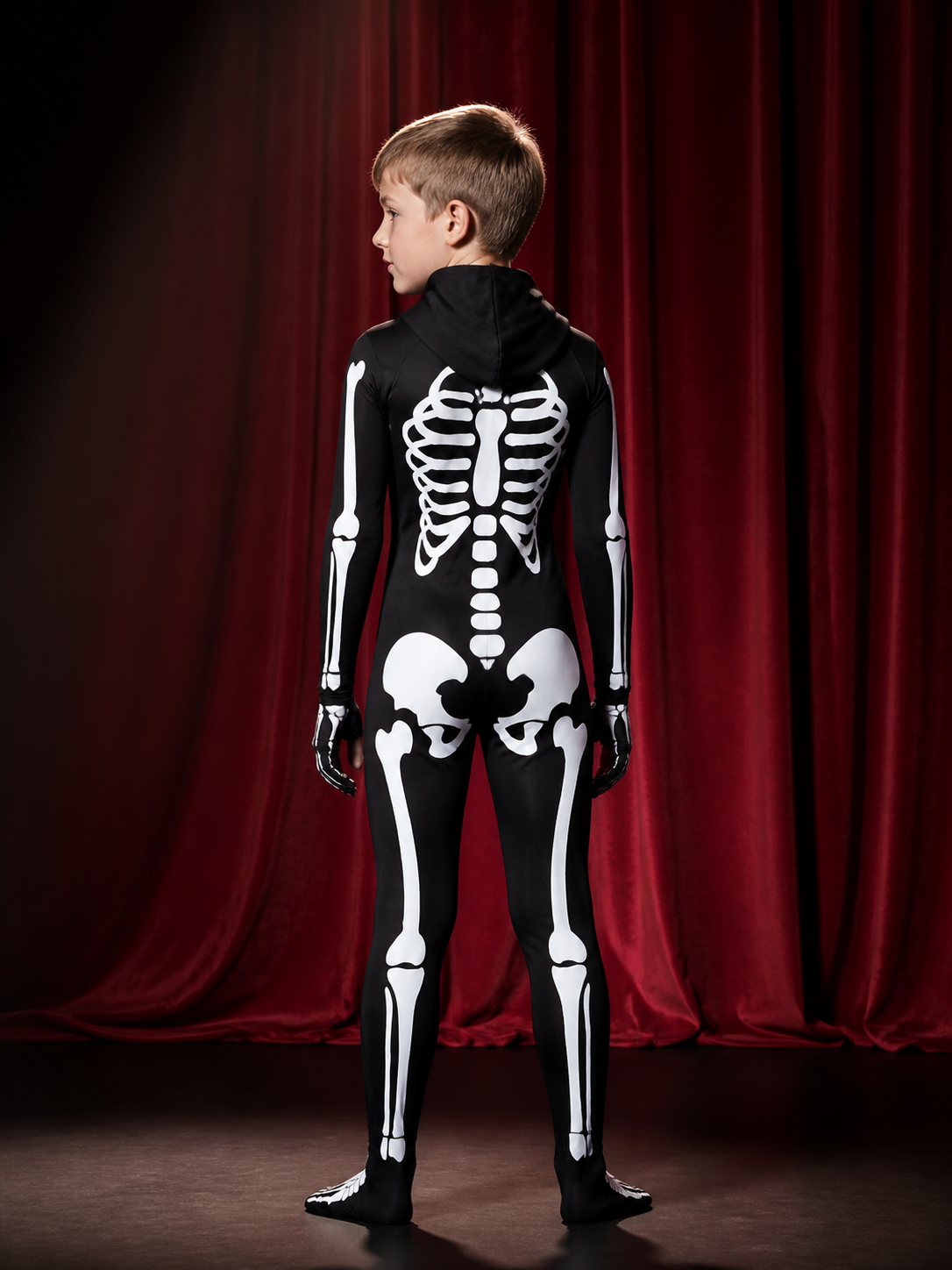 Hooded Skeleton Bodysuit Costume - Black and White Skeleton Print Halloween back view