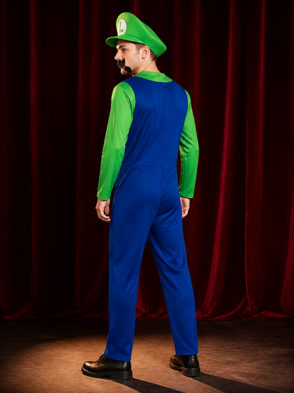 Luigi Costume with Jumpsuit and Hat back view