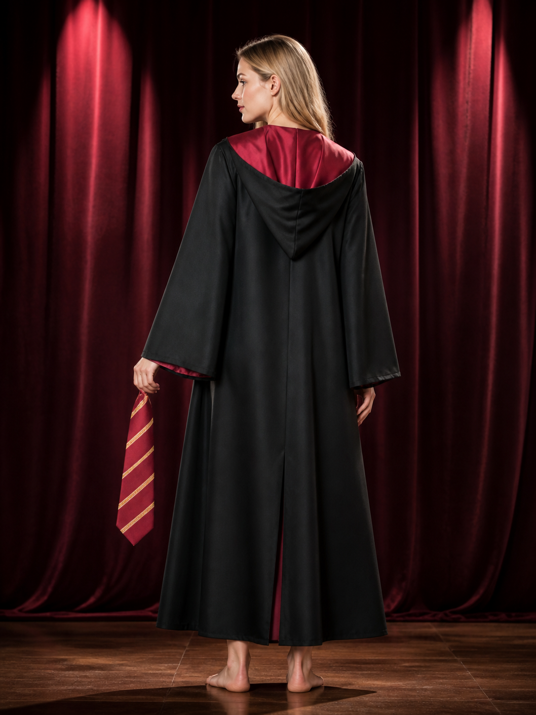 Wizard Robe Costume Set, Black Long Cloak with Red Lining, Striped Tie and Badge back view