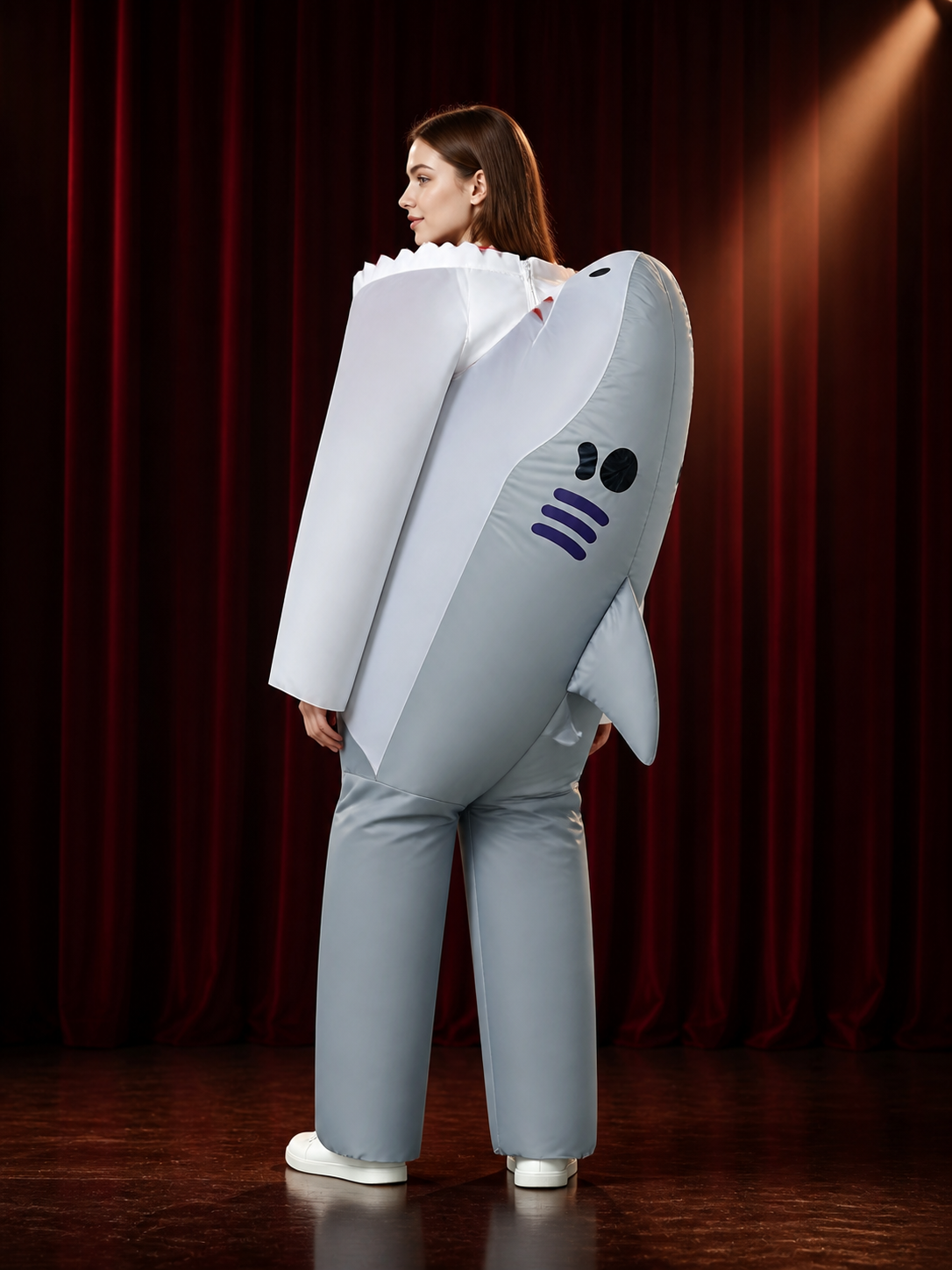 Gray Shark Inflatable Bodysuit Costume With Open Mouth For Halloween back view