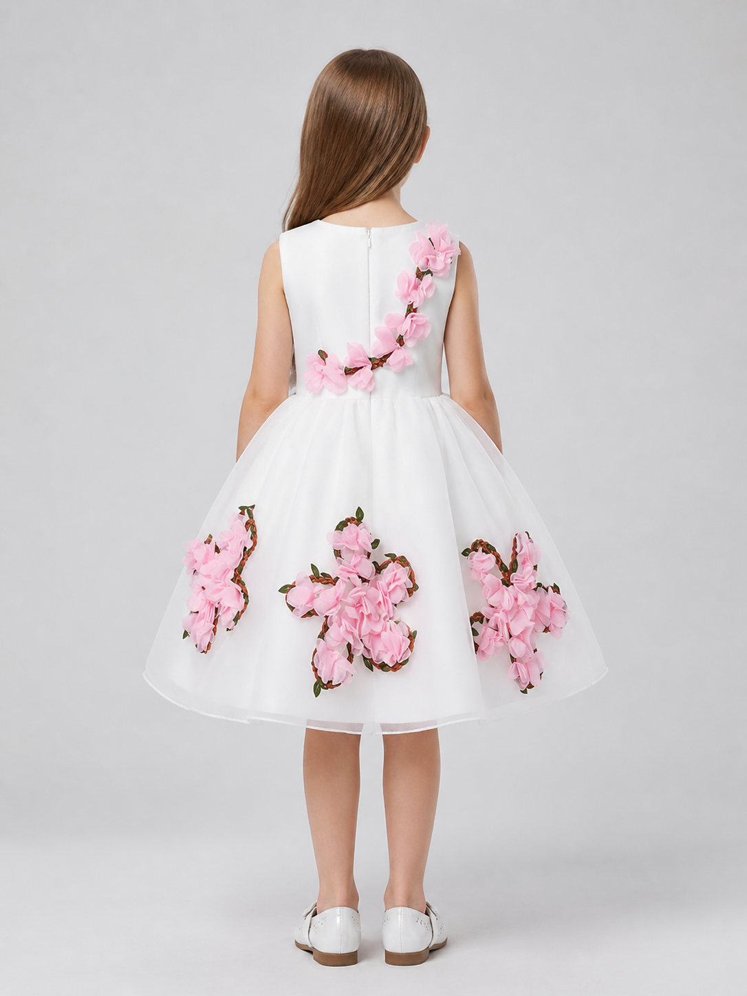 Children's organza dress with a full skirt and flowers back view