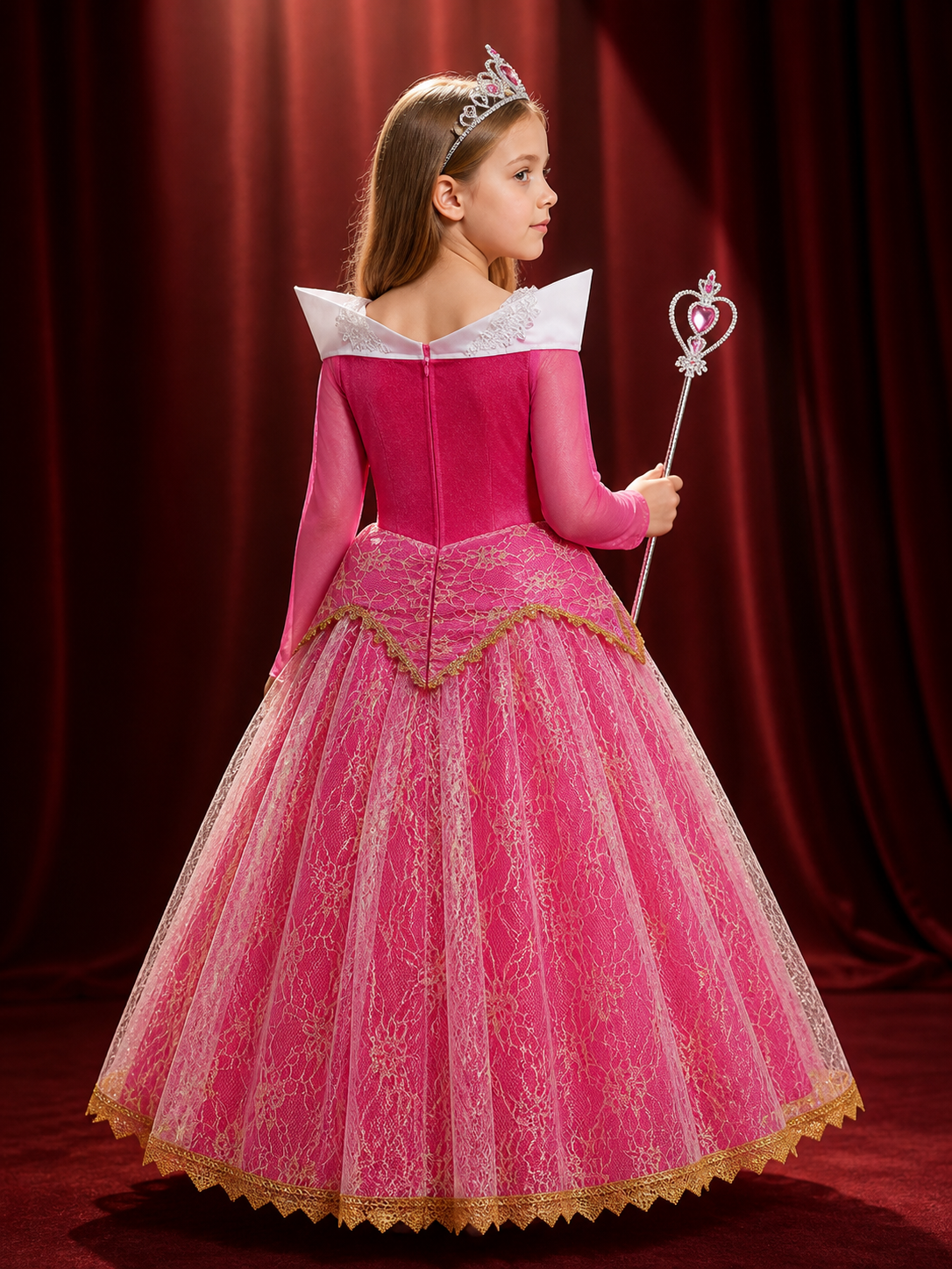 Girls' Princess Dress Halloween Costume Set With Crown And Wand back view