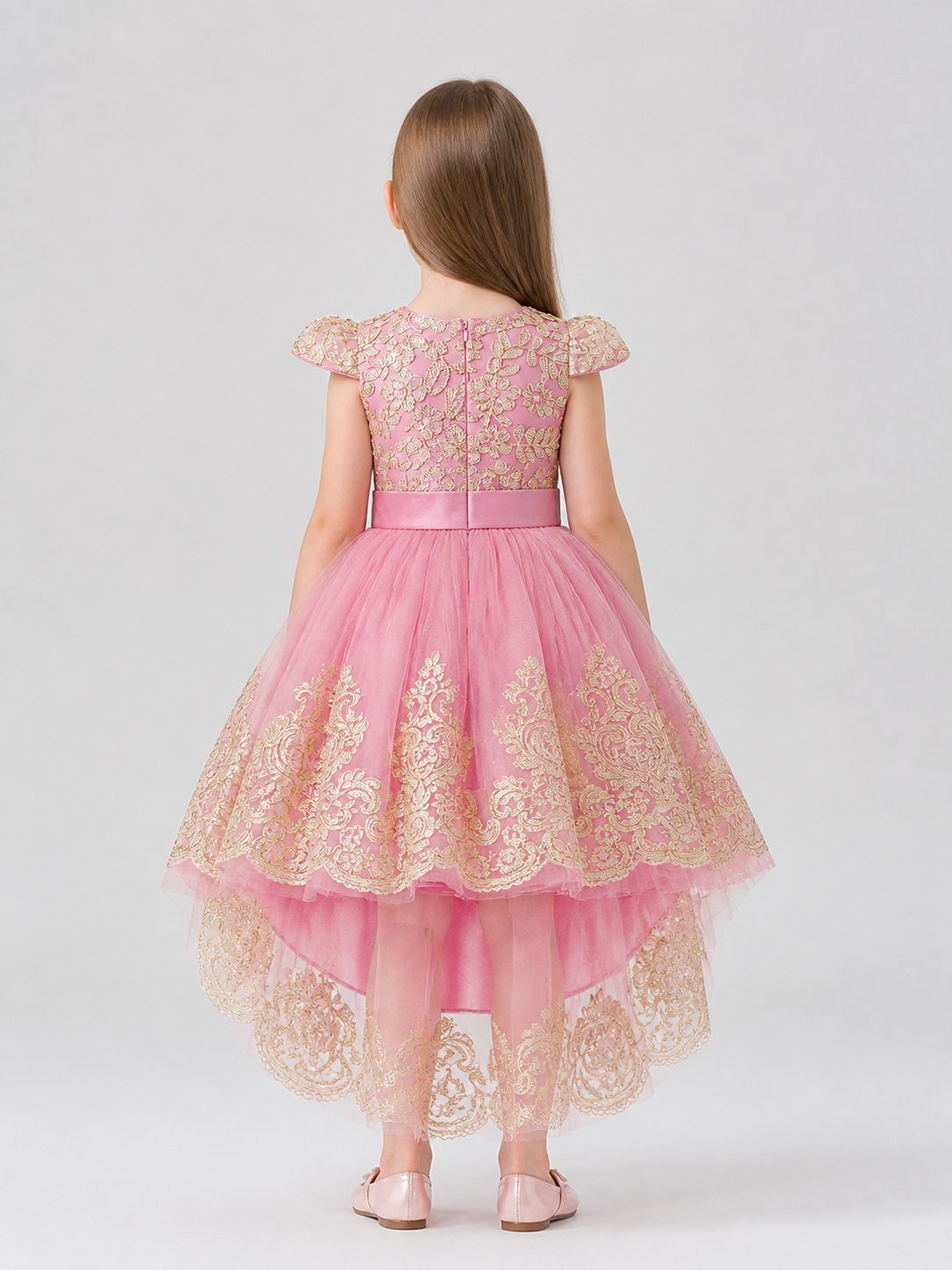 Party Dress with Gold Embroidery, Bow, and Train back view