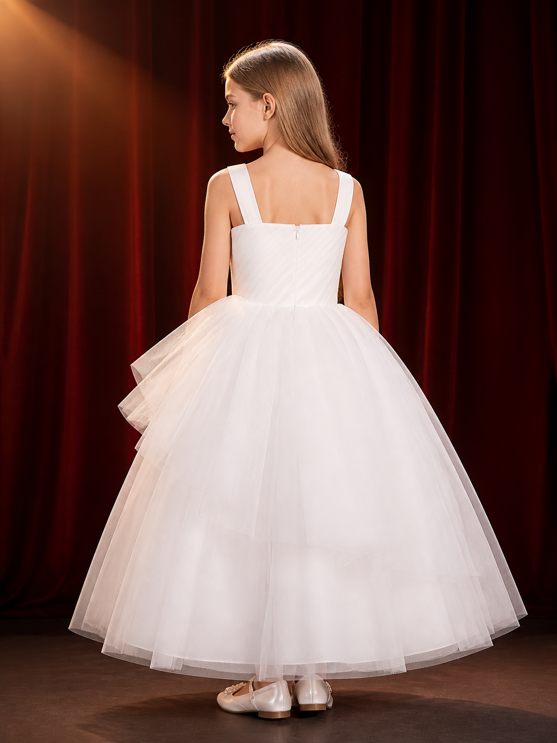 Girls' White One-Shoulder Tulle Princess Dress, Sleeveless Formal Gown back view