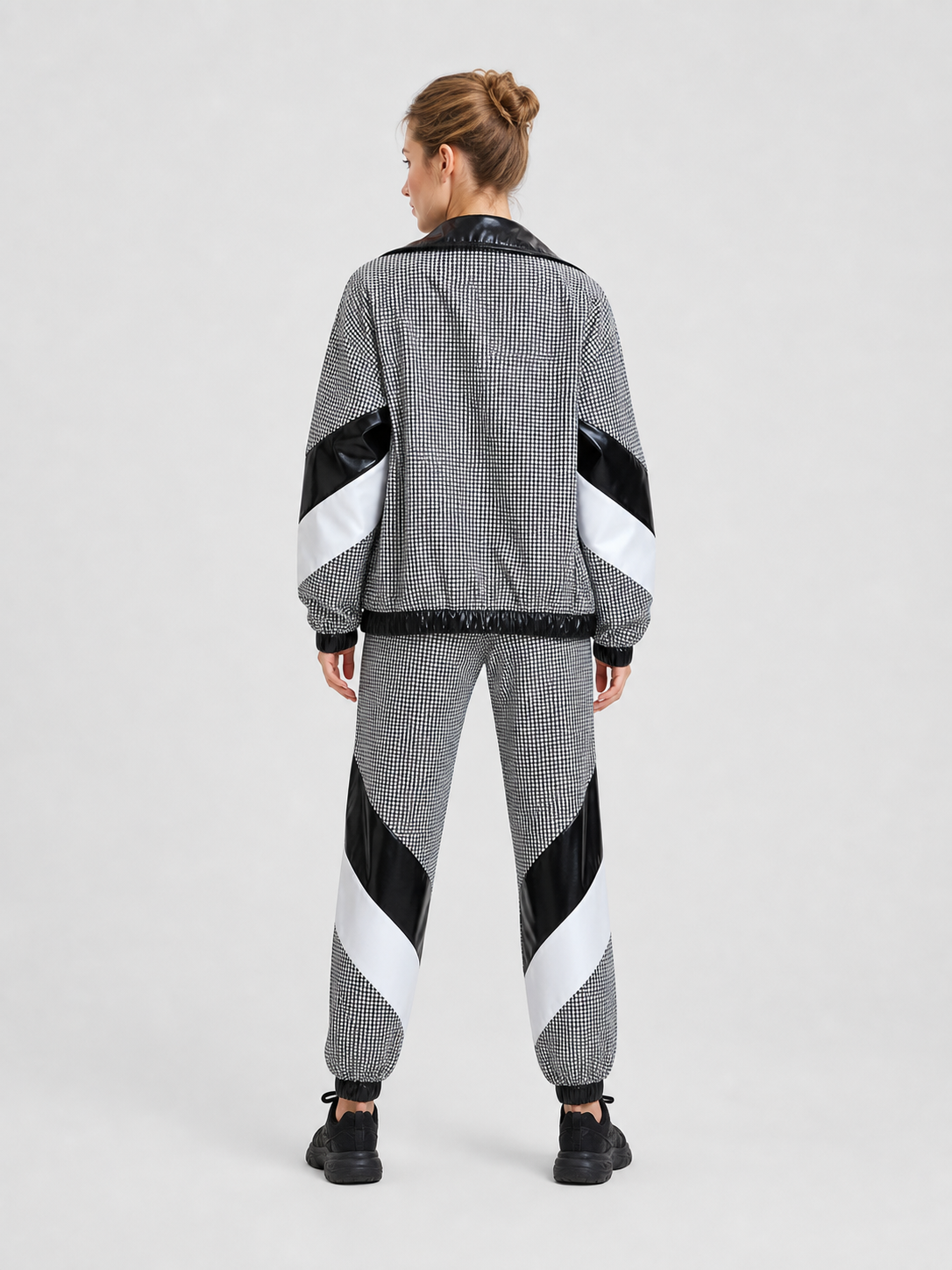 Retro Hooded Tracksuit, Black and Silver back view