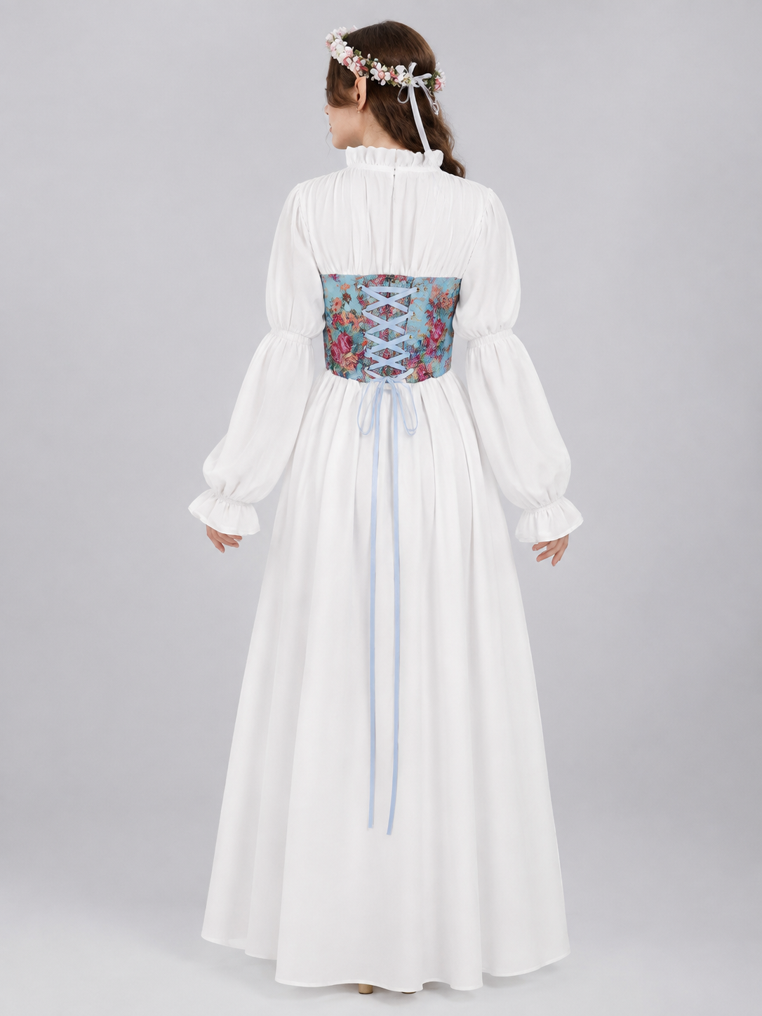Long White Floor-Length Dress with Corset Lacing back view