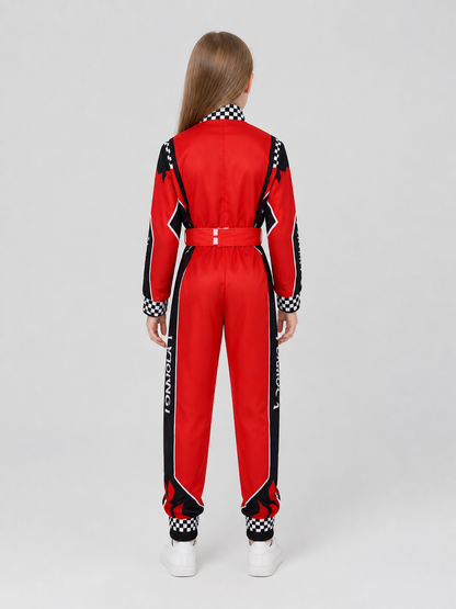Red Racing Jumpsuit with Checkered Pattern, 110-XXXL