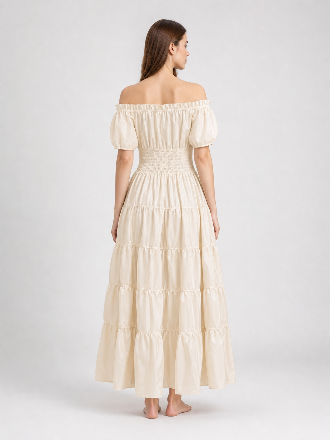 Long Medieval Tiered Off-the-Shoulder Dress