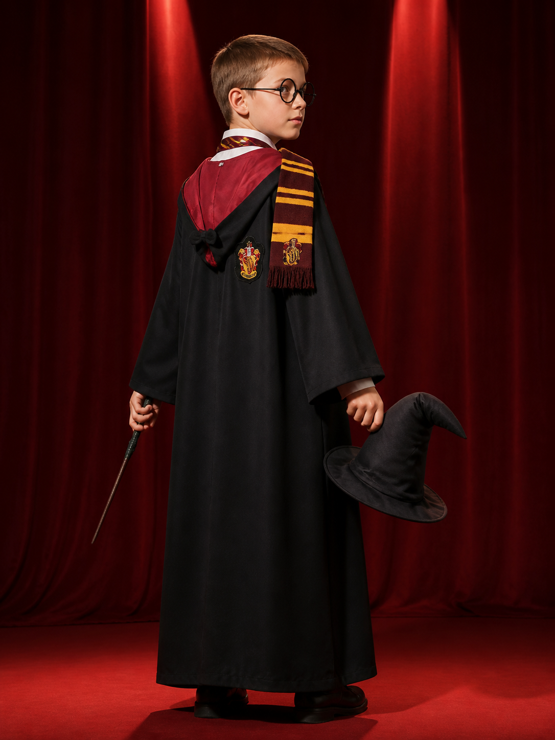 Wizard Magic School Costume Set with Cape, Hat, Scarf, Tie, Glasses, Wand & back view