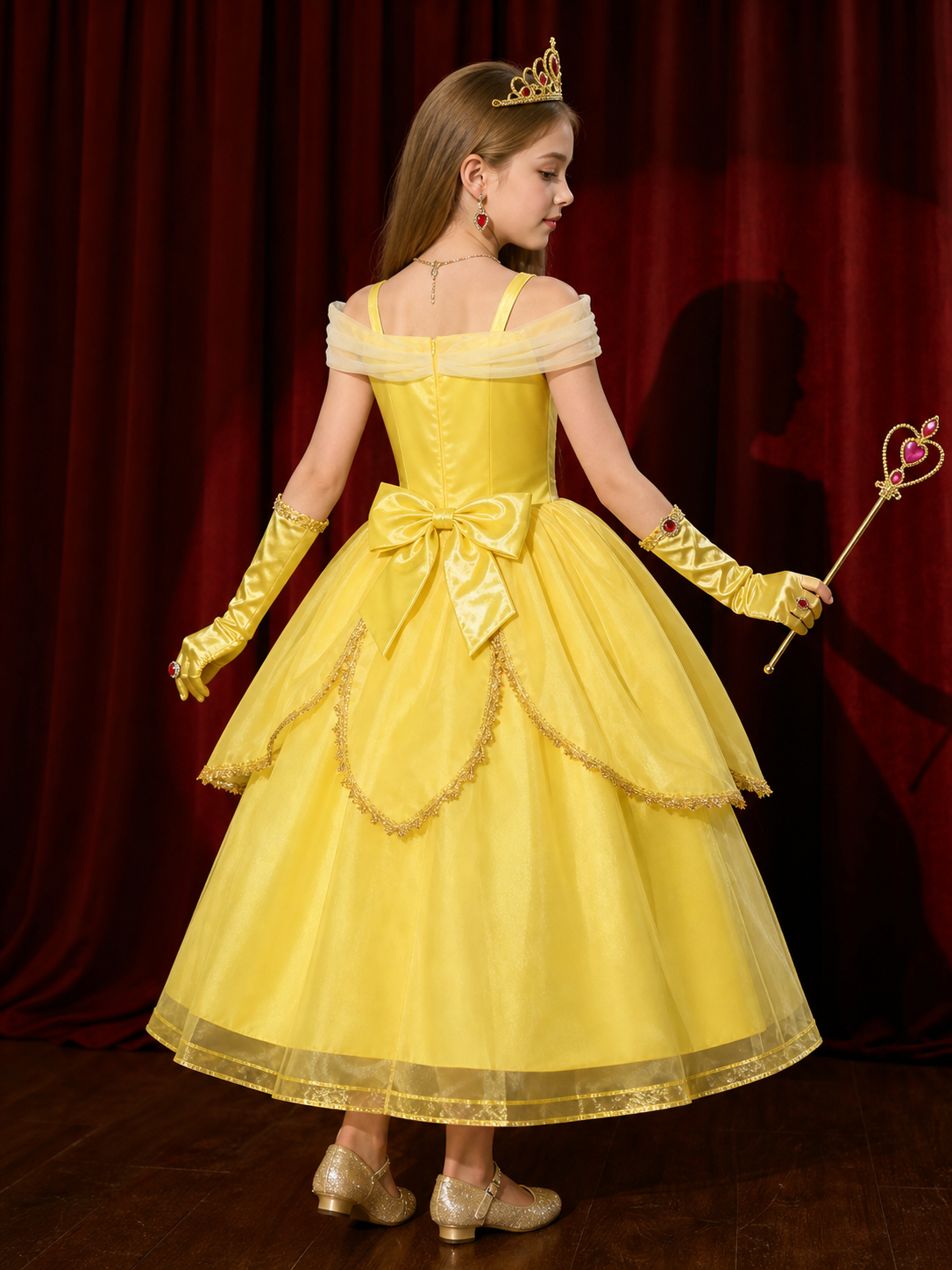 Girls Yellow Princess Off-Shoulder Tutu Dress Costume Set for Halloween back view