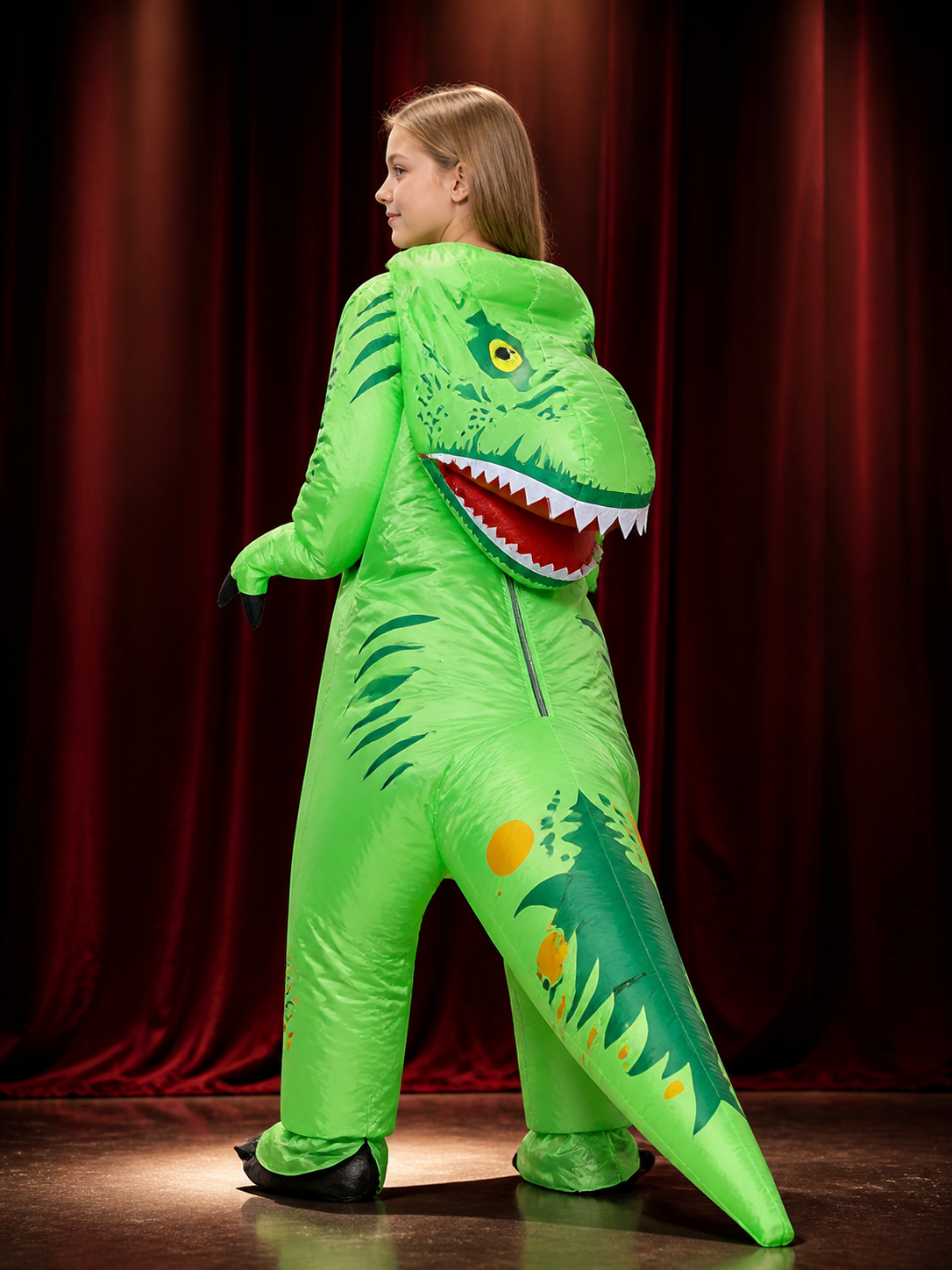 Green Inflatable Dinosaur Jumpsuit Costume with Open Mouth and Long Tail for back view