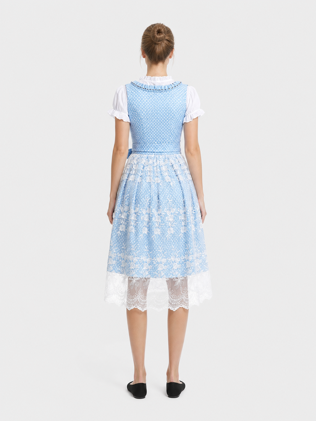 Short Light Blue Dress with Lace Skirt and Bow back view