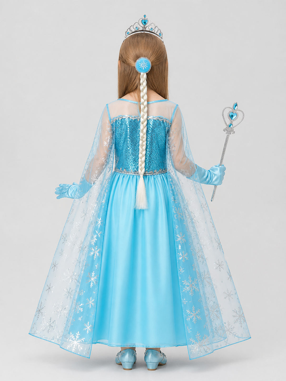 Elsa Costume for Girls with Dress, Crown, and Wand back view