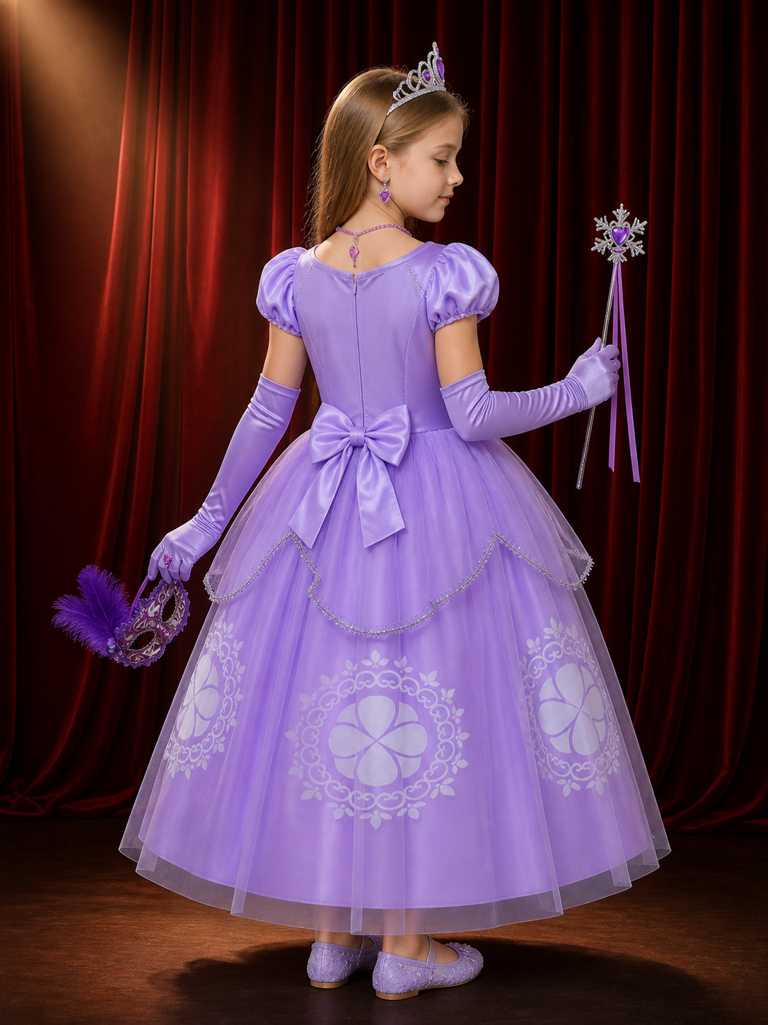 Girls' Purple Princess Costume Set With Sparkle Dress, Tiara, Mask & Gloves back view
