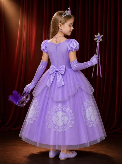 Girls' Purple Princess Costume Set With Sparkle Dress, Tiara, Mask & Gloves back view