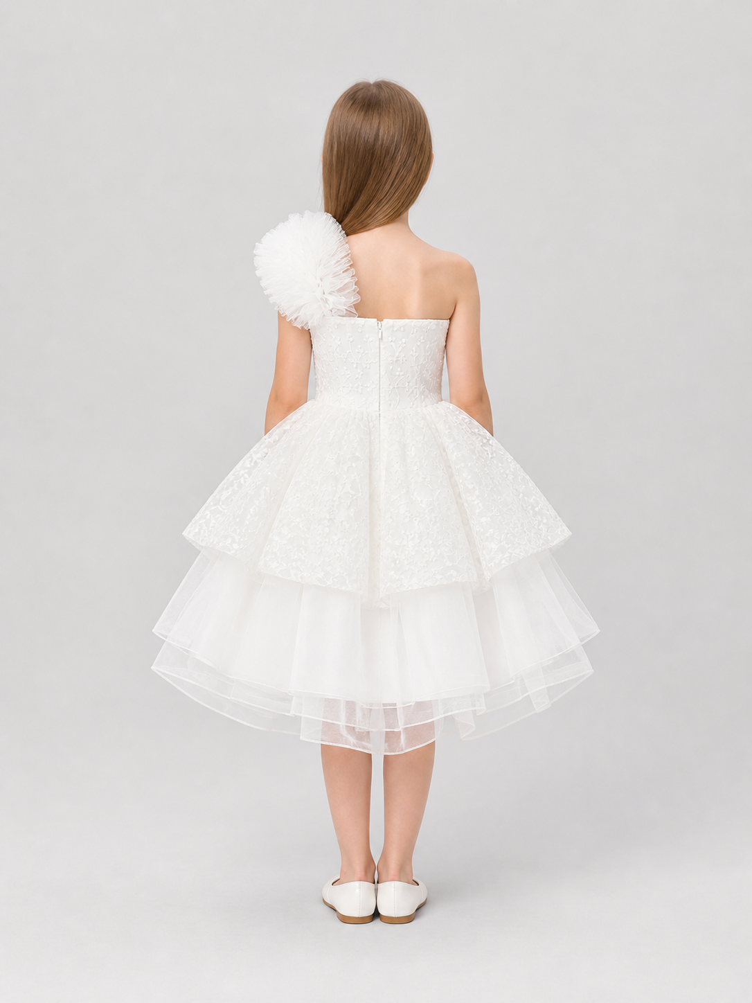 White Princess Dress for Girls with a Full Tulle Skirt back view