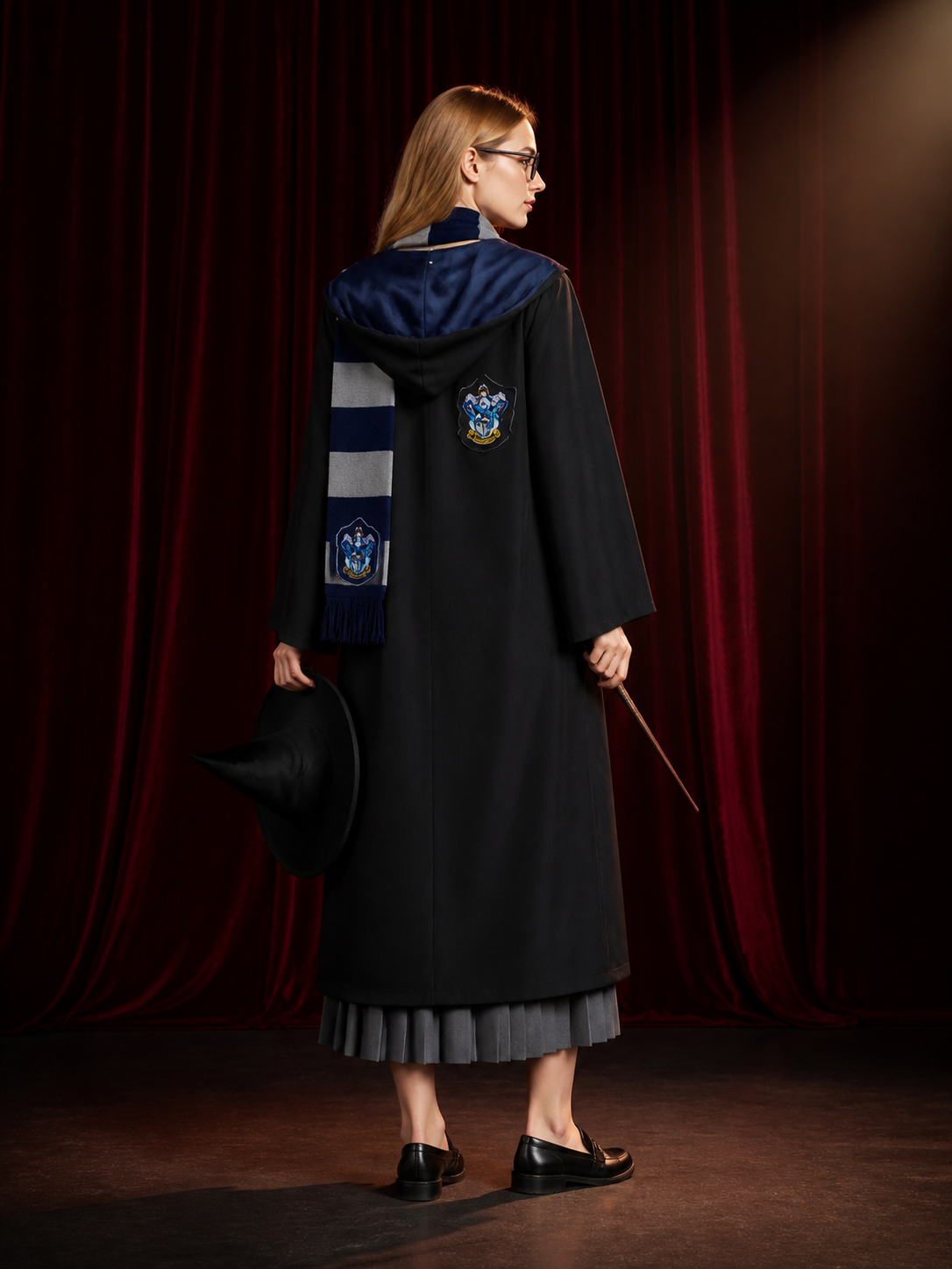 Wizard Robe Costume Set with Hat, Scarf, Glasses and Wand, Halloween Cosplay back view