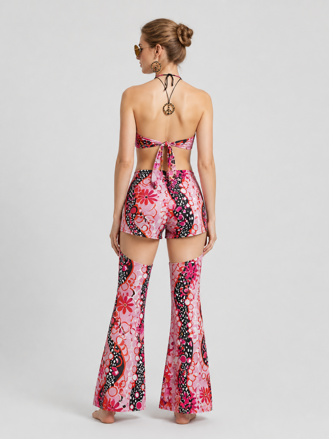 Hippie-Style Set: Flare Pants, Shorts, and Accessories back view