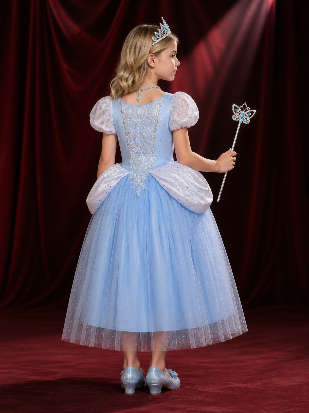 Girls Cinderella Princess Dress Costume Set, Light Blue Ball Gown with Tiara back view