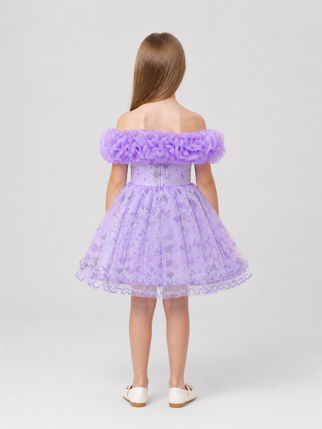 Purple Princess Dress with a Full Skirt and Ruffles back view