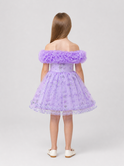 Purple Princess Dress with a Full Skirt and Ruffles back view