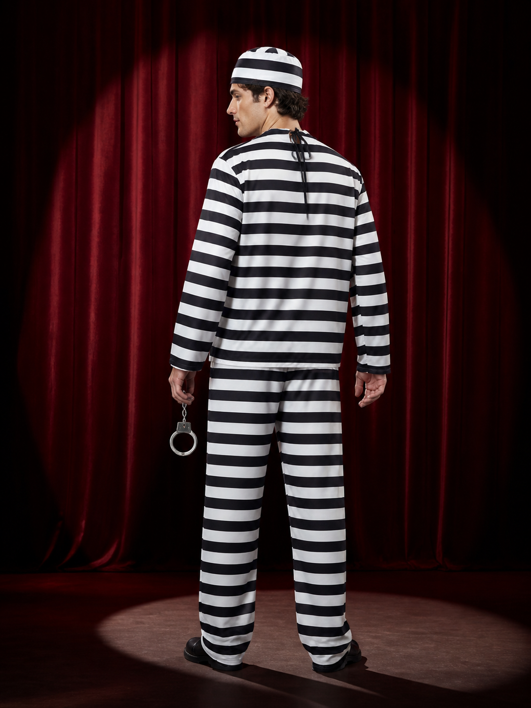 Striped Prisoner Jumpsuit Costume for Halloween Cosplay back view