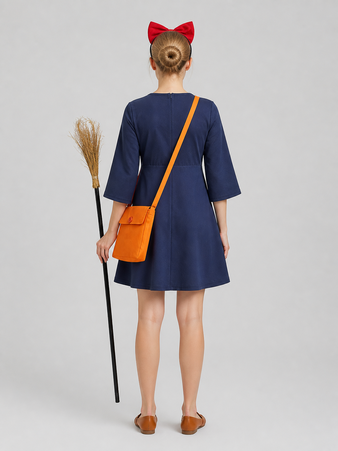 Kiki Cosplay Set: Dress, Bow, Bag, and Broom back view