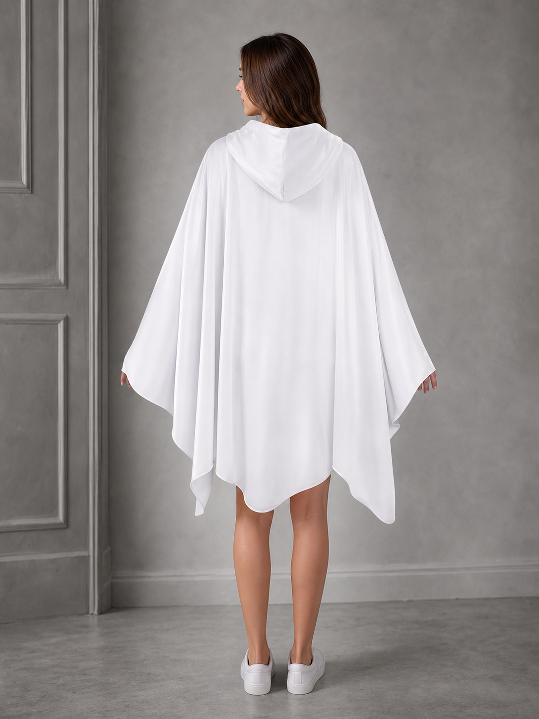 Halloween Ghost Costume Hooded Poncho with Cartoon Face Graphic, Wide Draped Sleeves and Multicolor Details for Costume Parties