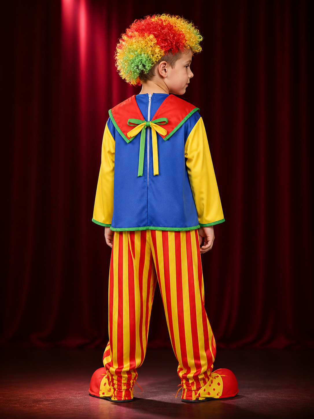 Kids Clown Circus Costume Set with Rainbow Wig Hat, Patchwork Top and Pants back view