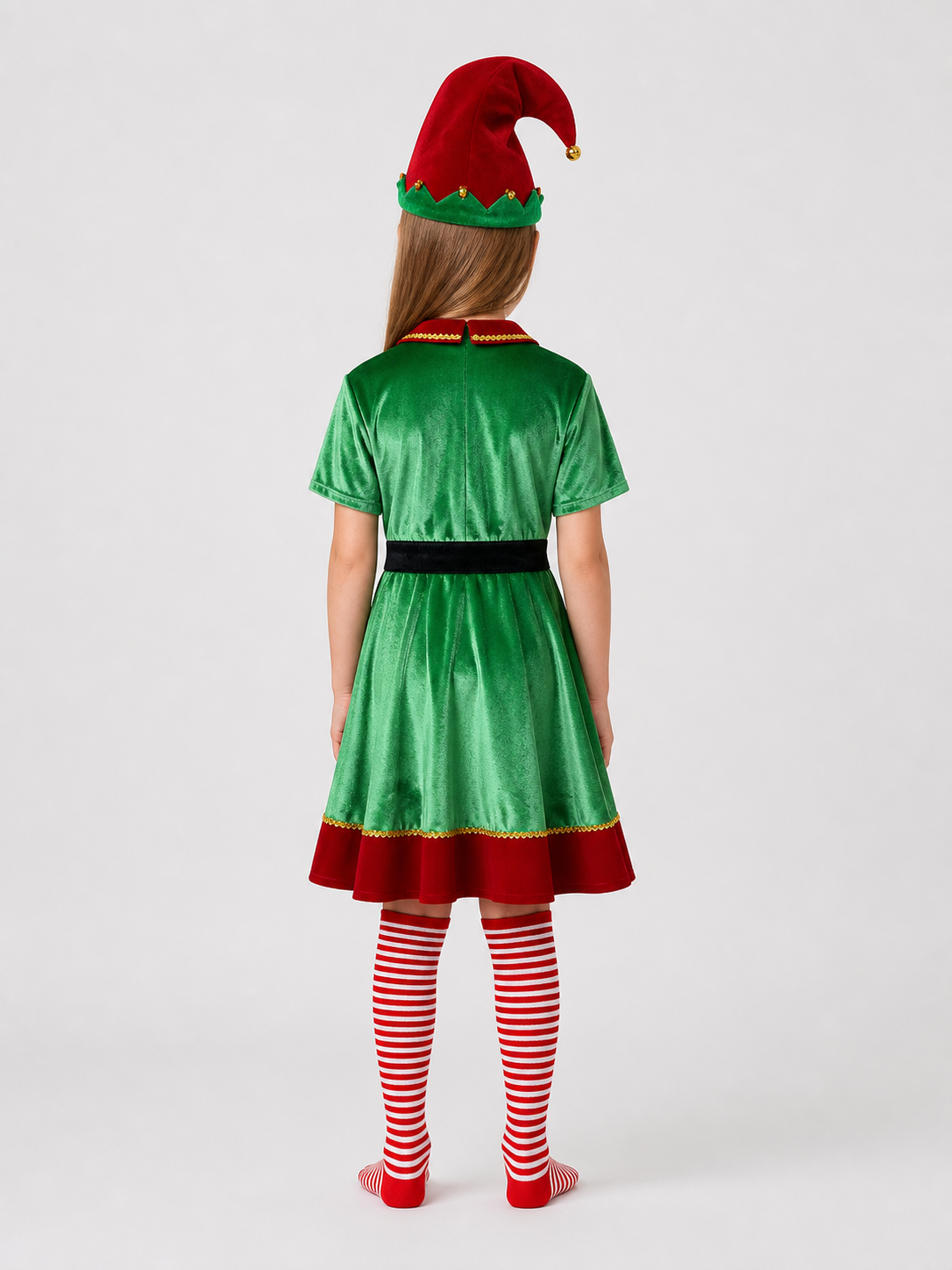 Christmas Elf Costume: Dress, Hat, Belt, Knee-High Socks back view