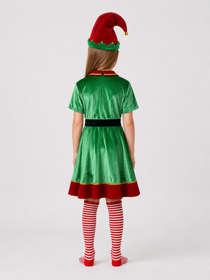 Christmas Elf Costume: Dress, Hat, Belt, Knee-High Socks back view