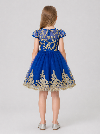 Full-Skirted Dress with Gold Embroidery, Bow, and Sequins back view