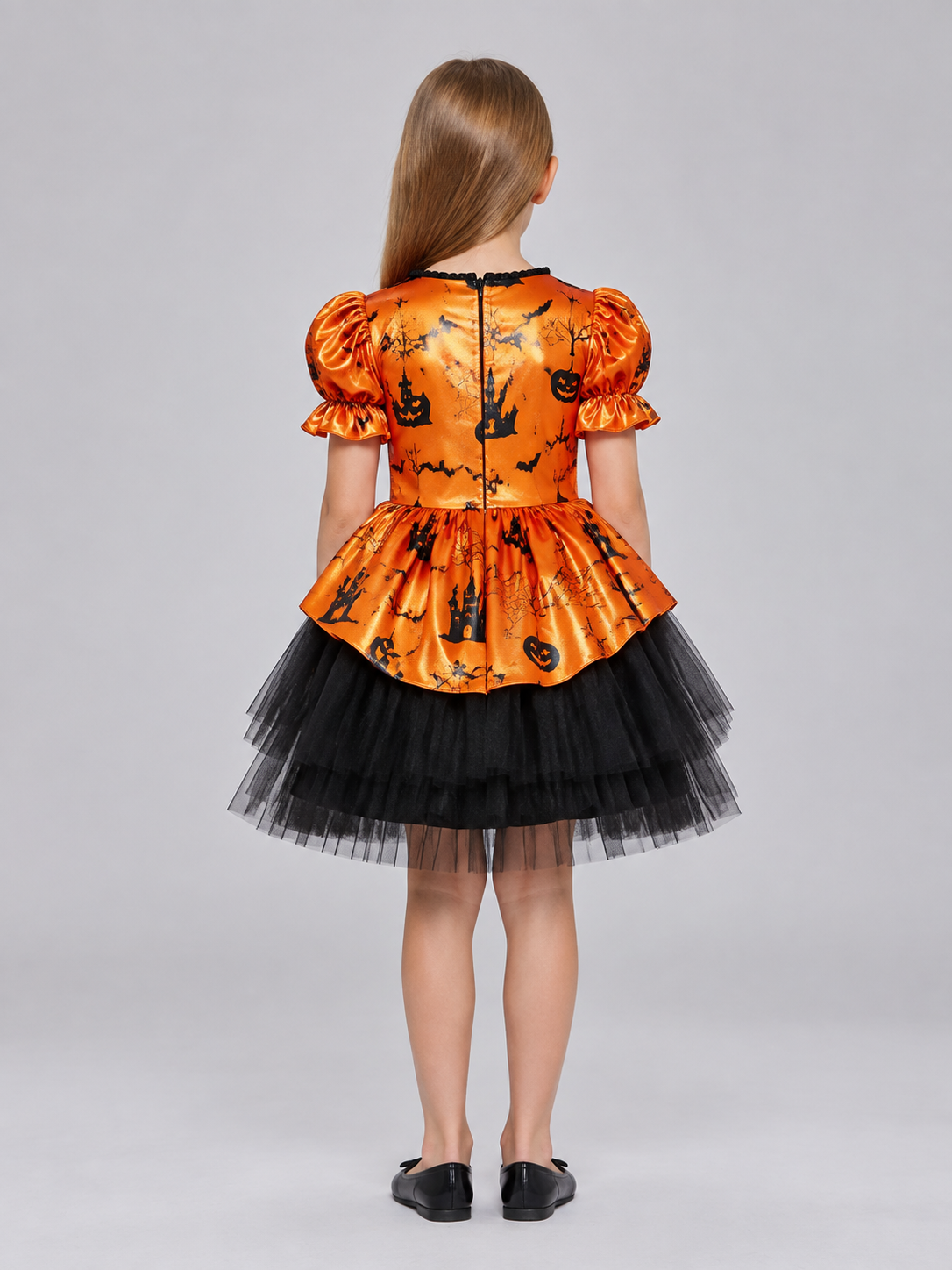 Girls' Halloween Costume Dress with Orange Bow back view