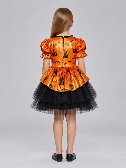 Girls' Halloween Costume Dress with Orange Bow back view