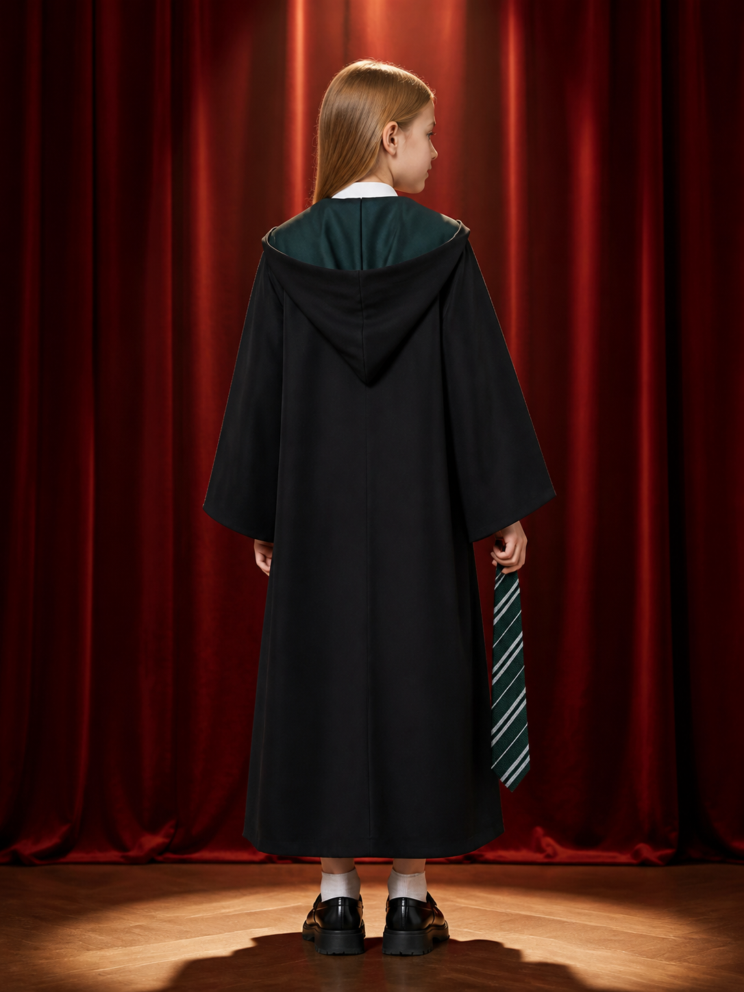 Slytherin Wizard Costume Set, Hooded Long Robe with Striped Tie back view