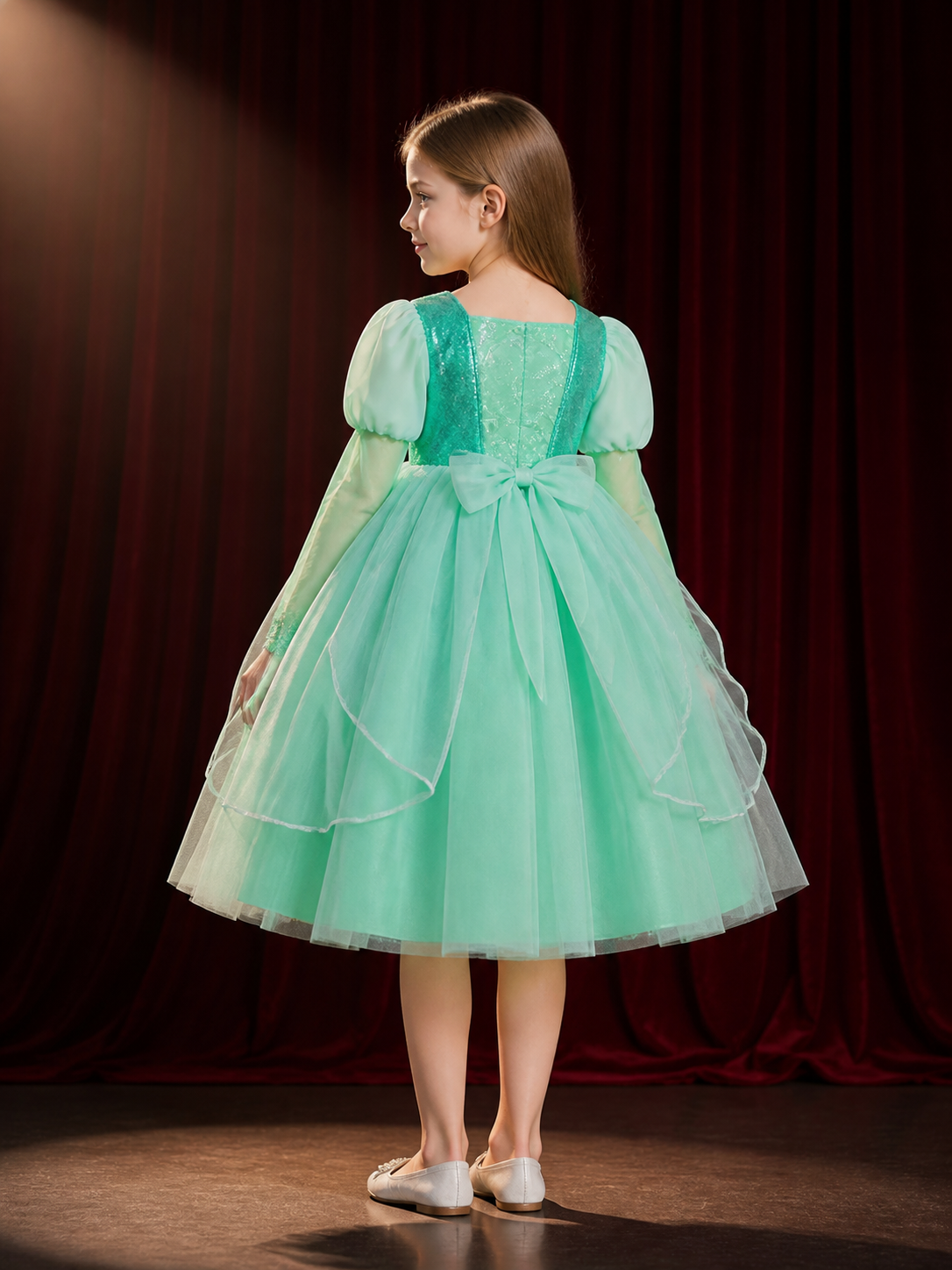 Girls' Green Princess Dress Costume, Sequined Tulle Long-Sleeve Party Outfit back view