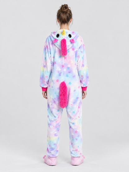 Flannel Hooded Pajama Jumpsuit with Star Print