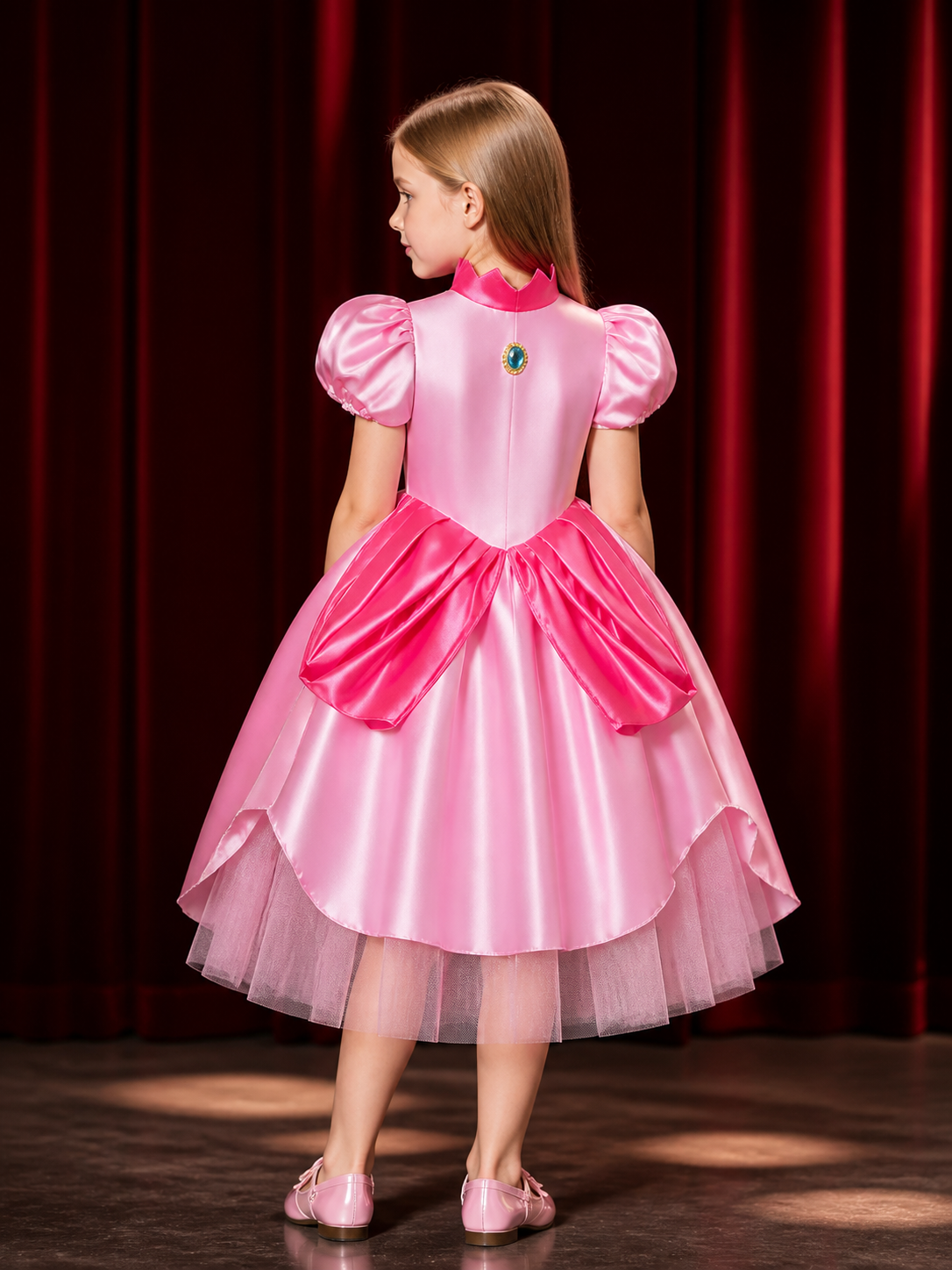Girls Princess Peach Super Mario Halloween Costume Dress, Pink Tulle Puff Sleeve back view