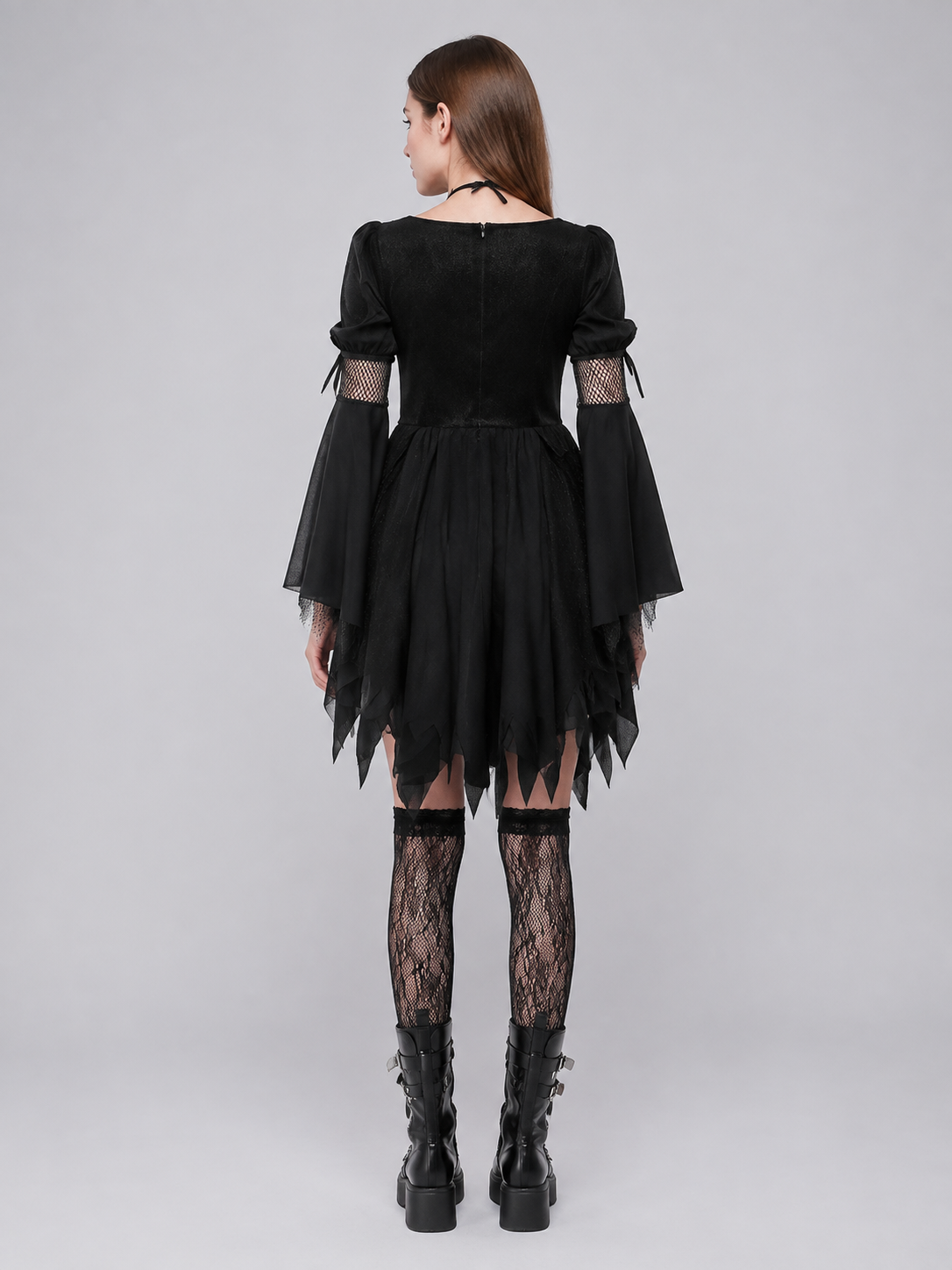 Witch Costume with Black Dress, Choker, and Fishnet Stockings back view