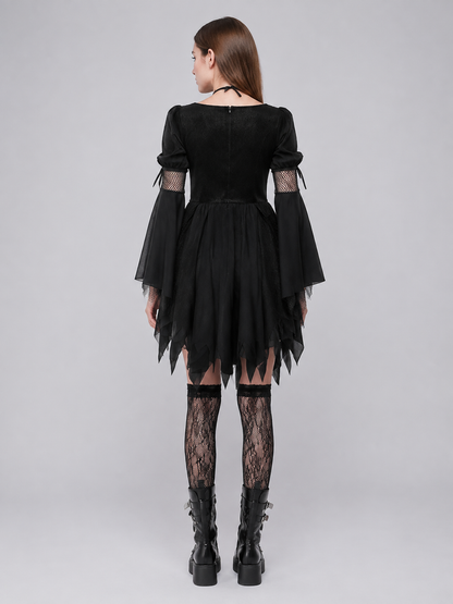 Witch Costume with Black Dress, Choker, and Fishnet Stockings back view