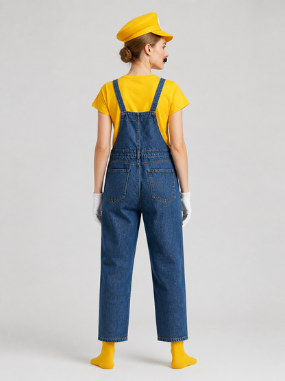 Mario Costume with T-Shirt and Denim Bib Overalls back view