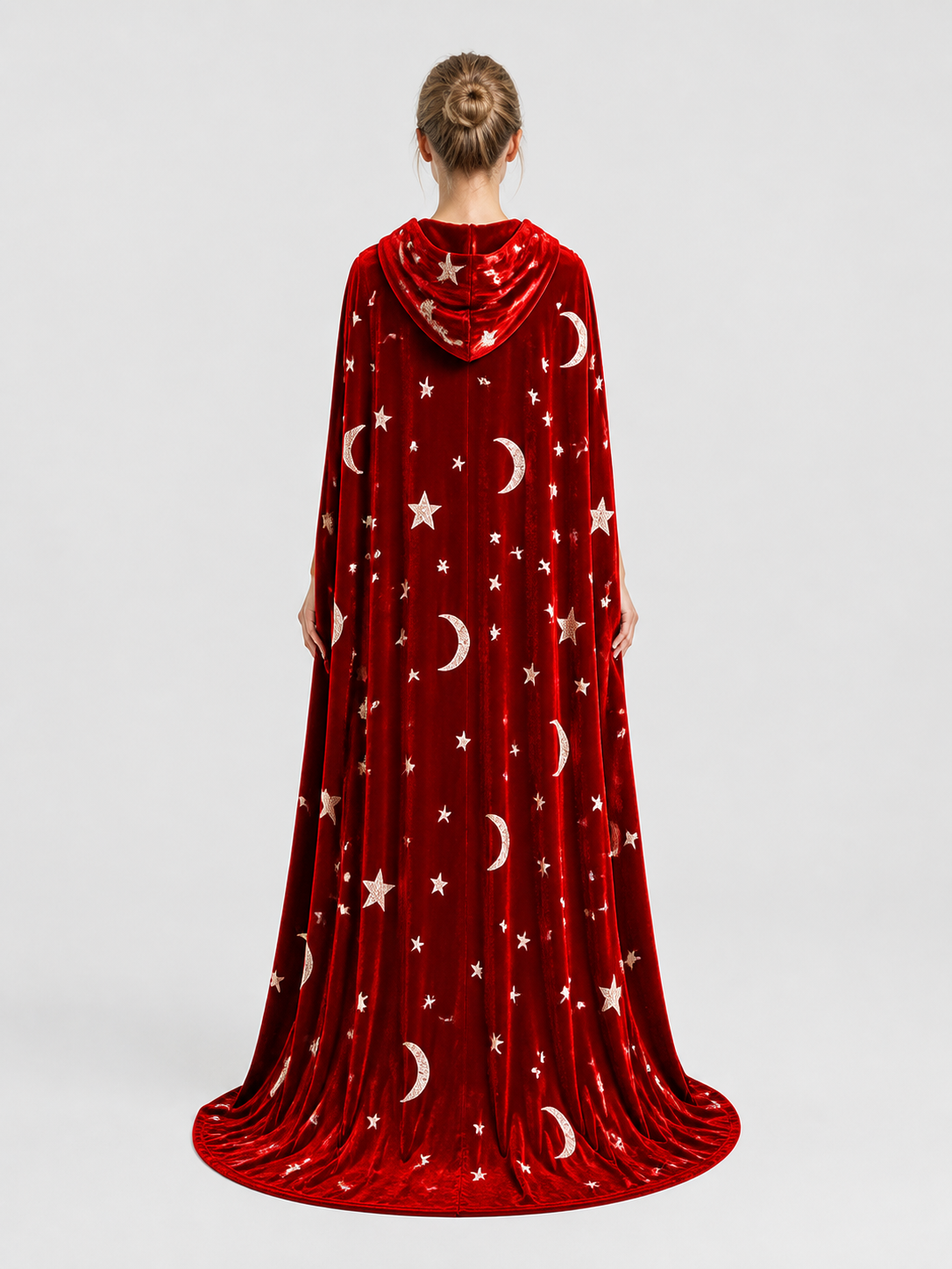 Adult Hooded Cloak with Stars and Moons, Burgundy, Floor-Length back view