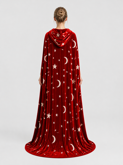 Adult Hooded Cloak with Stars and Moons, Burgundy, Floor-Length back view