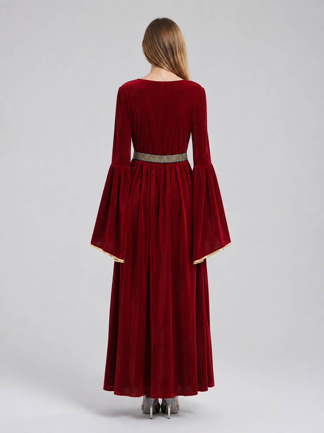 Burgundy Maxi Dress in a Medieval Style with Belt back view