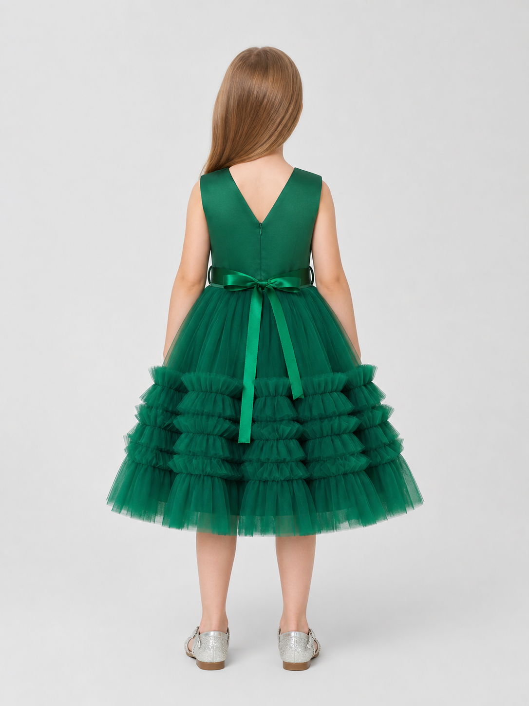Dark Green Princess Dress for Girls with a Full Skirt back view