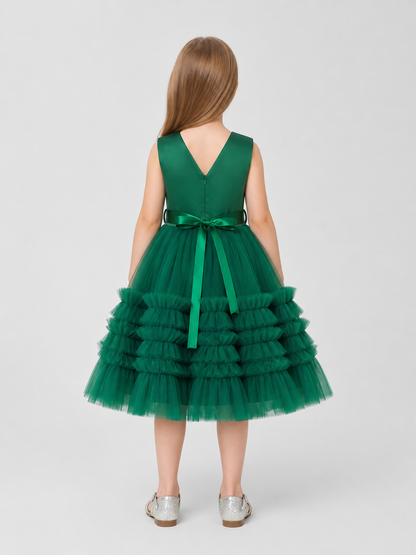 Dark Green Princess Dress for Girls with a Full Skirt back view