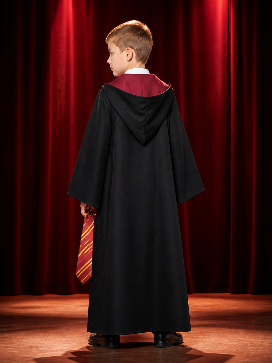 Kids Wizard Costume Set, Hooded Long Black Robe with Red and Gold Striped Tie back view