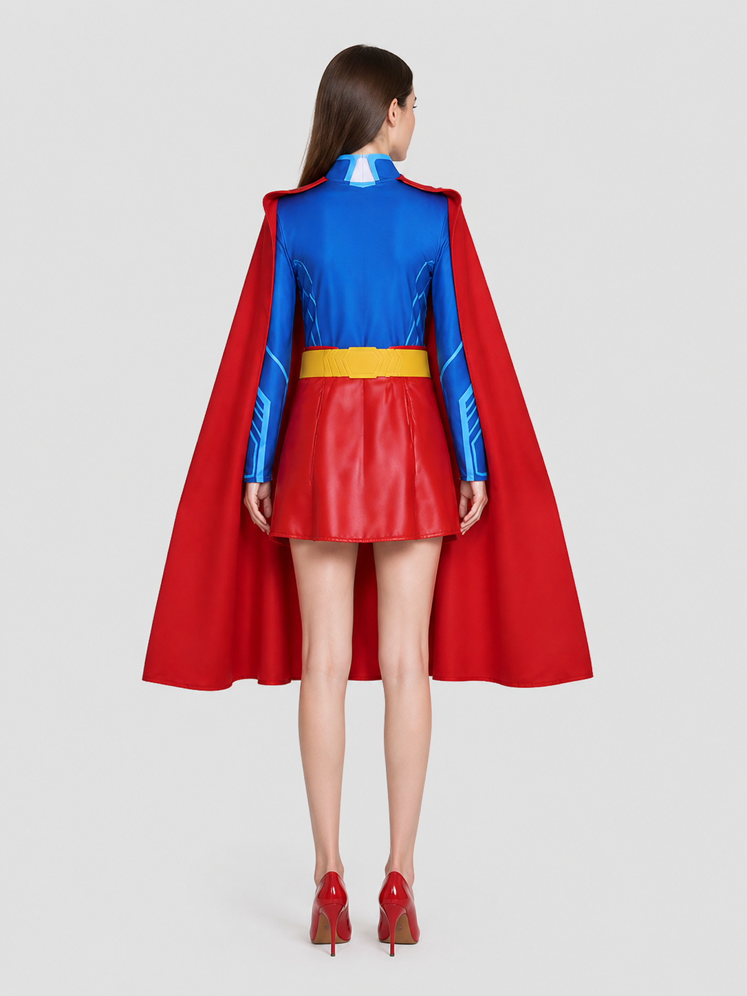 Character Cosplay Costume with Cape, Belt, and Skirt back view